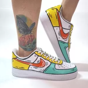 Nike Air Force One Custom Cartoon Dipinte A Mano Arancio Giallo e Azzurro
