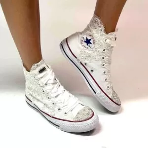 Converse All Star Personalizzate Sposa Pizzo, Paillettes, Raso, Puntale in Perle e Strass