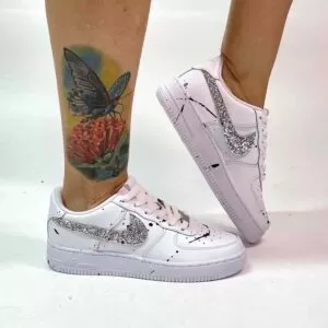 Nike Air Force One Custom Swoosh Glitter Argento e Sporcatura Nera