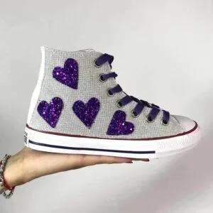 Converse All Star Personalizzate Lurex Bianco Retato, Cuori di Glitter Viola e Lacci Viola