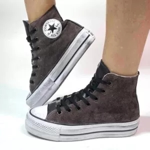 Converse All Star Platform Teddy Beige, Scamosciate Marrone, Linguetta e Tampone Pelle Nera