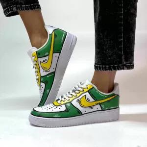Nike Air Force 1 Custom Cartoon Dipinte A Mano Verde e Giallo