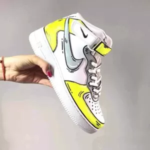 Nike Air Force One Custom MID Cartoon Dipinte A Mano Giallo Fluo e Nero