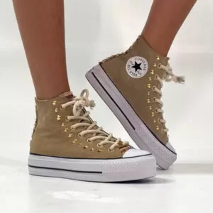Converse All Star Personalizzate Platform Scamosciato Beige, Borchie Oro e Lacci Corda