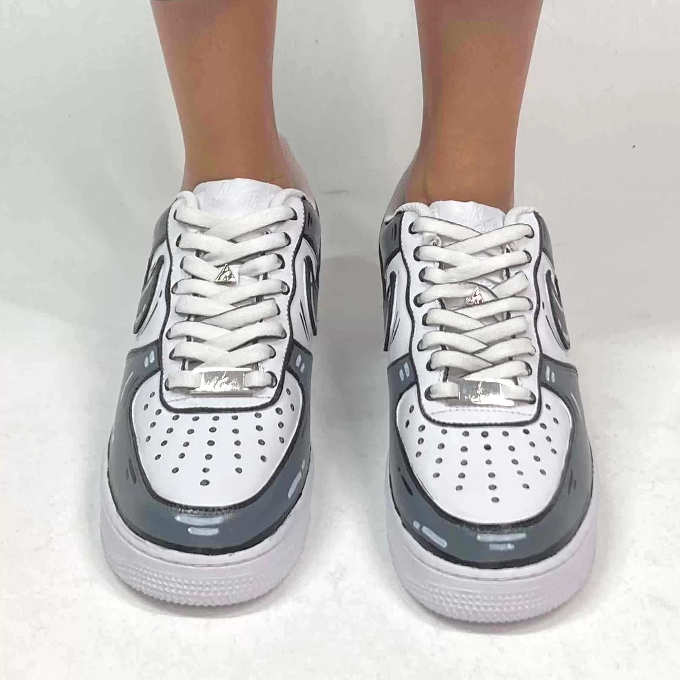 Nike Air Force One Custom Cartoon Dipinte A Mano Nero e Grigio