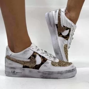 Nike Air Force One Custom Strass Oro, Glitter Oro e Tessuto Maculato