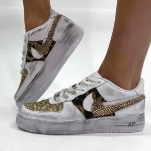Nike Air Force One Custom Strass Oro, Glitter Oro e Tessuto Maculato