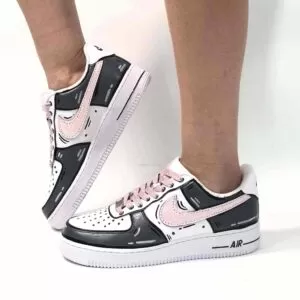 Nike Air Force 1 Custom Cartoon Dipinte A Mano Grigio Swoosh e Lacci Rosa